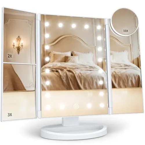 HUONUL 2X/3X/10X Magnifying Trifold Vanity Mirror with Light