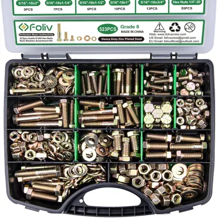 523-Piece Foliv Grade 8 Bolt, Nut & Washer Assortment Kit