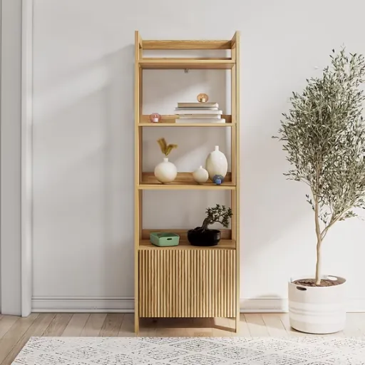 Mainstays 4-Shelf Reeded Bookcase with Drawer, Natural Teak