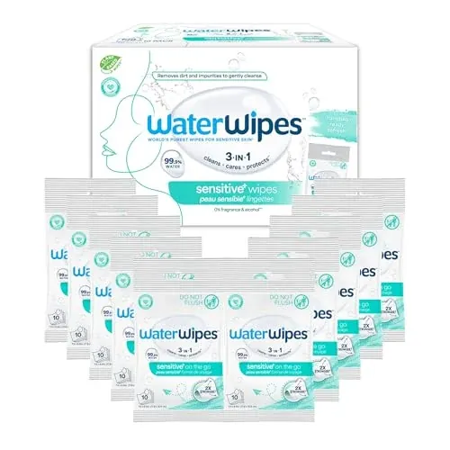 WaterWipes Sensitive+ Unscented Facial Wipes, 10-Pack 100-Count