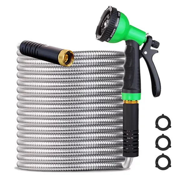 Heavy Duty 10-Function Hose Nozzle with 50ft 304 Stainless Steel Garden Hose
