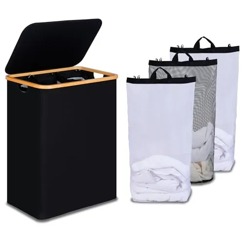 Efluky 160L 3-Section Trio Laundry Basket w/ Lid & 2 Removable Bags