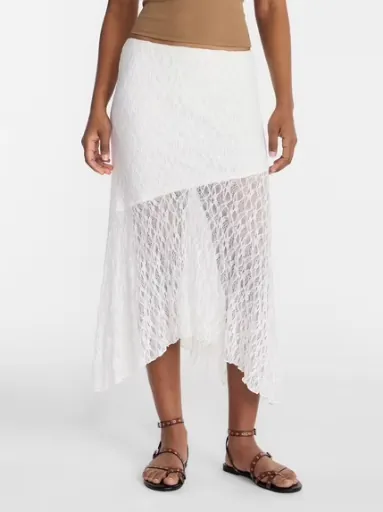 No Boundaries Women's Asymmetrical Lace Midi Skirt (Winter White, Sizes XXS-M)