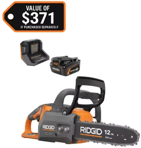 RIDGID 18V Brushless 12 in. Electric Battery Chainsaw with 6.0 Ah MAX Output Battery and Charger