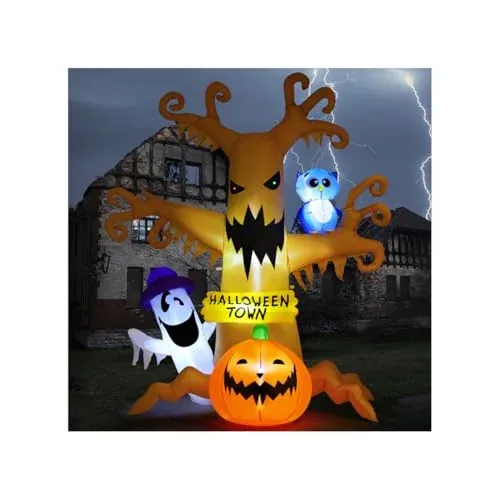GOOSH 8 FT Halloween Inflatables Dead Tree Outdoor Decorations with Owl Ghosts and Pumpkins