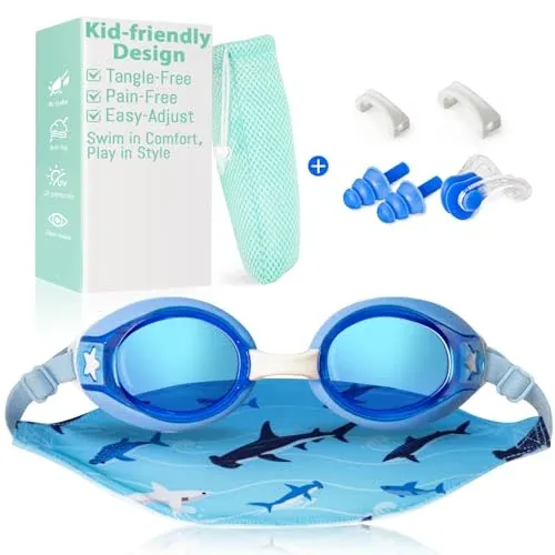 Pixel Panda Kids Swim Goggles with Fabric Strap for 3-12 Blue