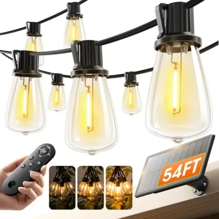KYY 54' Solar Outdoor Waterproof String Lights w/ USB Charging & Remote