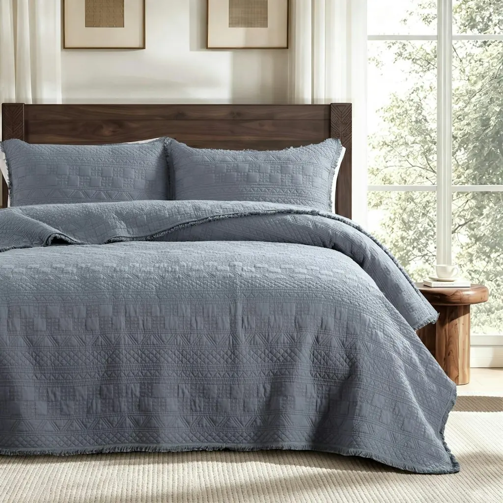 Cotton Boho Fringe Geometric Stitch Queen Quilt Set