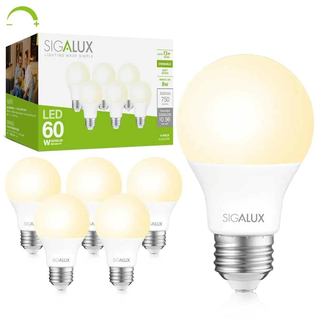 Sigalux EcoBright T20 A19 8W Dimmable LED Light Bulb 6-Pack