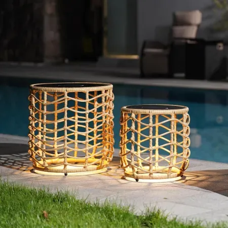 Set of 2 Solar Yard Boho Solar Nesting Tables w/ Built-in Lights