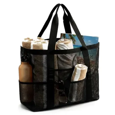 JOYPICKS Large Mesh Beach Tote Bag w/ 8 Exterior & Interior Zipper Pocket