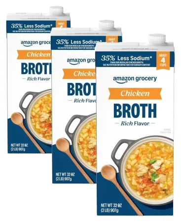 3-Pack 32oz Amazon Fresh 35% Less Sodium Chicken Broth