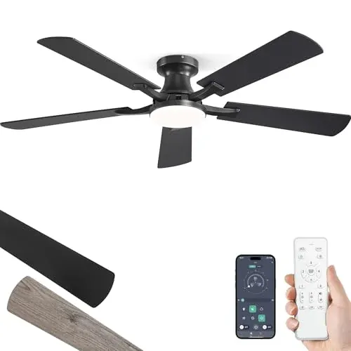 ZMISHIBO 52 Inch Black Flush-Mount Ceiling Fan w/ Light, Remote + App Control