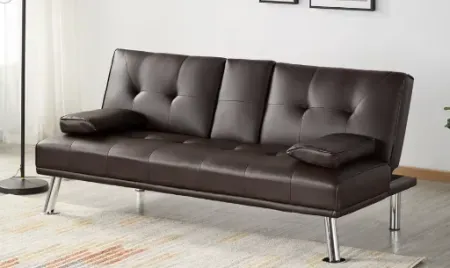 Renwick LuxuryGoods Modern Faux Leather Futon w/ Cupholders & Pillows