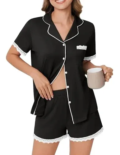 Ekouaer Womens Short Sleeve Pajamas Set Soft Sleepwear Button Down Lounge