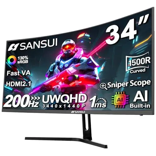 SANSUI 34-Inch Curved Gaming Monitor UWQHD 3440 x 1440P 200Hz 1500R