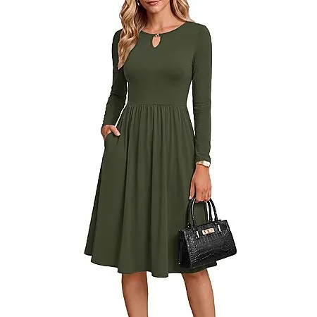 KIRUNDO Women's Midi Empire Waist Long Sleeve A-Line Dress (4 Colors)