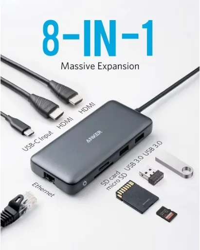 Anker 8-in-1 USB-C Laptop Docking Station w/ Dual 4K HDMI