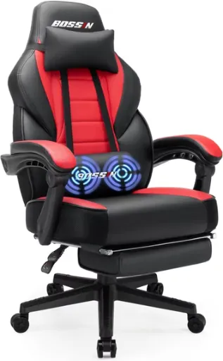 Bossin Massage Leather Gaming Chair with Footrest & Lumbar Support (Red)