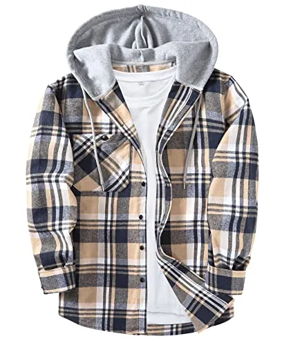 ZITY Men's Flannel Hoodie Shirts Casual Button Down Long Sleeve Plaid Shirt