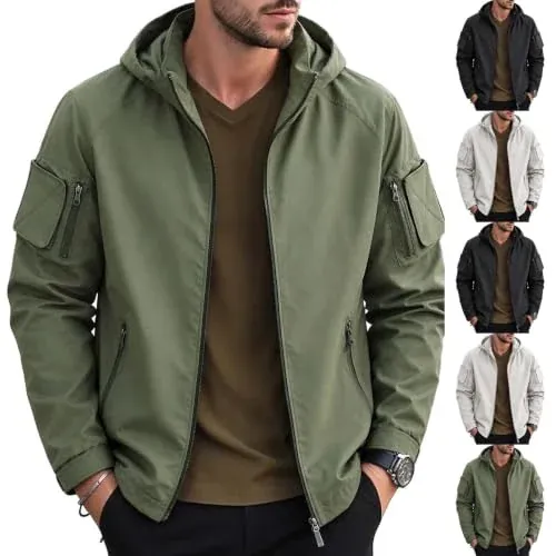 Lightweight Hooded Windbreaker Tactical Full Zip Cargo Jacket
