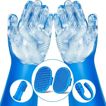 6-Pc Augwind Pet Grooming Kit w/ Gloves, Bath Brushes & Finger Toothbrushes