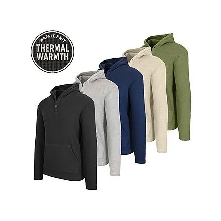 3-Pk Men's Waffle-Knit Thermal Henley Pullover Hoodie
