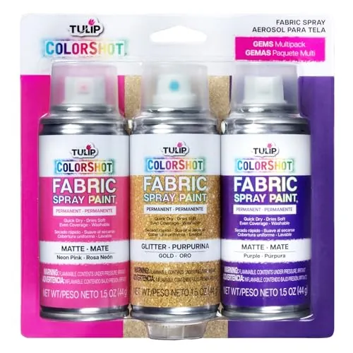 TULIP ColorShot Fabric Spray Paint 3 Pack Jewel Tone Gem Colors Neon Pink, Glitter Gold, Purple