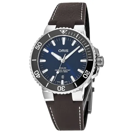 39.5mm Oris Men's Aquis Date Blue Dial Automatic Watch w/ Leather Strap