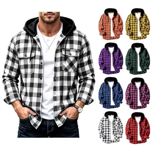 Men Hooded Plaid Button Down Jackets
