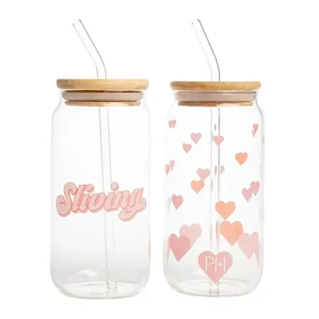 2-Pack Paris Hilton 17oz Glass Tumblers Set w/ Bamboo Lid, Straw