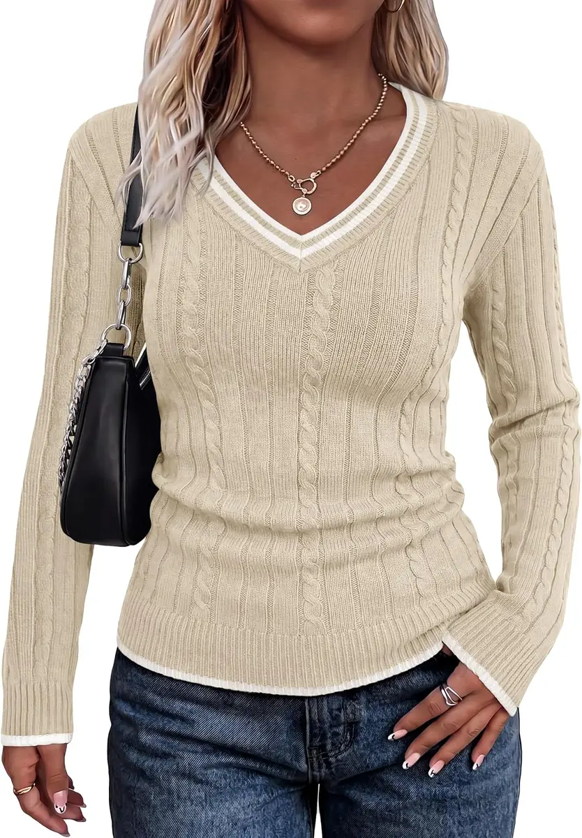 WIHOLL Women’s V-Neck Cable Knit Sweater