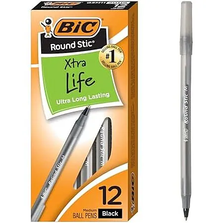 12-Ct BIC Round Stic Xtra Life Black Ballpoint Pens (Medium Point 1.0mm)