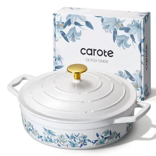 CAROTE 3.5-Quart Enameled Cast Iron Braiser Pan w/ Lid (White & Blue)
