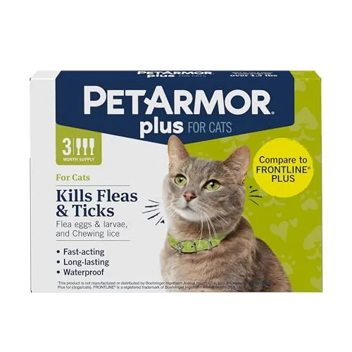 PetArmor Plus Flea & Tick Topical Cats 1.5 lbs+, 3-Month | Ideal for Cats 1.5 lbs+; Kills Fleas, Eggs, Larvae, Ticks & Lice; 3-month supply; Waterproof Cat Topical