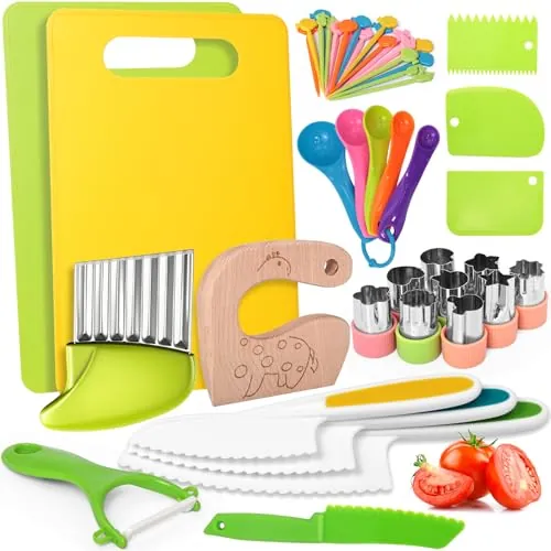 46-Pc Reaeon Montessori Kids Knife Set w/ Cutting Board Crinkle Cutters