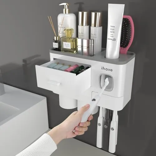 iHave Wall Mounted Toothbrush Holder w/ Toothpaste Dispenser & 2 Cups