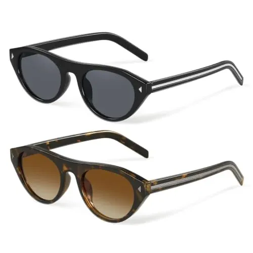 YDAOWKN Men's or Women's Retro Small Oval Sunglasses 2-Pack