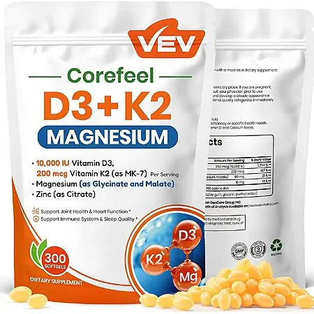 300-Ct VEV Corefeel 10000 IU Vitamin D3 + K2 Softgels w/ Magnesium & Zinc