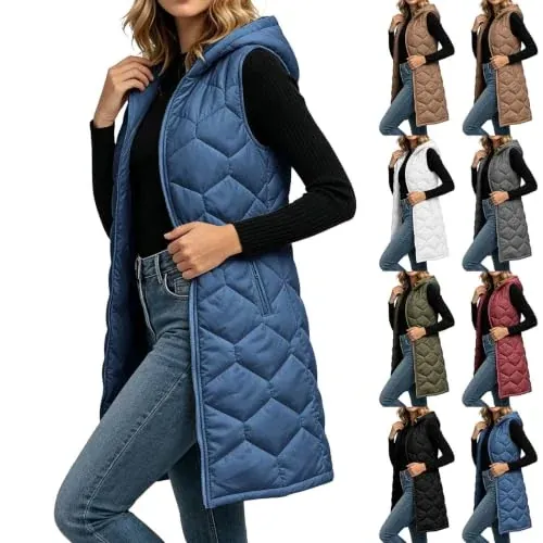 Long Quilted Hooded Zip Up Lightweight Puffer Vest