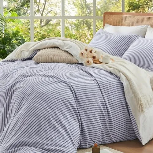 100% Washed Cotton Striped Duvet Cover Queen