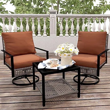 3-Pc Ainfox Patio Swivel Chair Bistro Set w/ Glass Top Table & Cushions