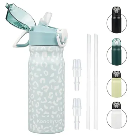 Konokyo Store 18oz Stainless Steel Double Wall Insulated Water Bottle w/ Straws