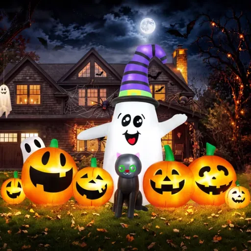 Yexmas 8 FT Long Halloween Inflatable Ghost with Witch Hat and 6 Pumpkins