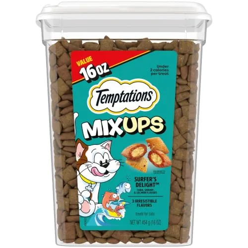Temptations MixUps Crunchy Cat Treats, Surfer's Delight, 16 oz | Tuna, Shrimp & Salmon flavors, under 2 calories per treat, 100% complete & balanced for adult cats, resealable stay-fresh tub