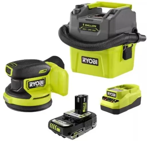 Ryobi ONE+ HP 18V Brushless Cordless 5 in. Random Orbit Sander Kit w/ Battery, Charger, & ONE+ 18V Cordless 1 Gal. Wet/Dry Vac