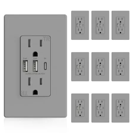 10-Pack ELEGRP 3-Port 30W 6.0A 15 Amp Type C USB Wall Outlet