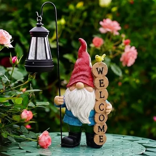6.25" PETAFLOP Solar Garden Gnome Statue w/ Welcome Sign & Lantern