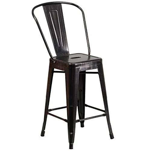 Flash Furniture 24 in Metal Counter Stool, Black-Antique Gold