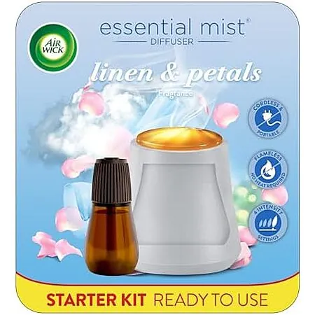 Air Wick Essential Oils Mist Linens & Petals Starter Kit (1 Diffuser + 1 Refill)